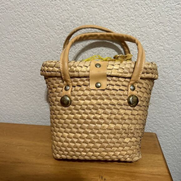 Vintage 1970s Woven Straw Leather Handbag Straw Flower Clusters Yarn Leaves - Picture 5 of 12